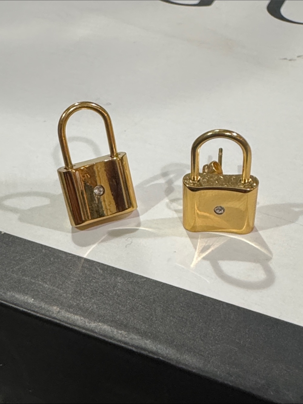 Gold Padlock Stud Earrings with Crystal Accent